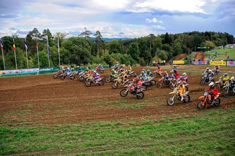 Motocross, Rudersberg, Baden-Württemberg, Germany, Europe, Motocross riders accelerate after the