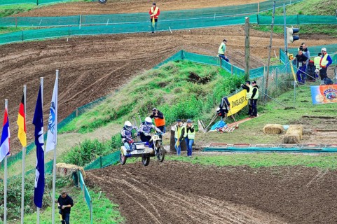 Motocross, Rudersberg, Baden-Württemberg, Germany, Europe, Motorcyclists with sidecars race on a