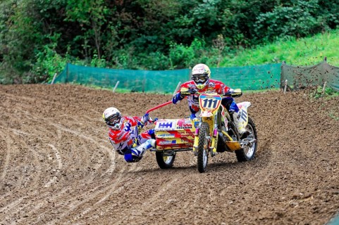 Motocross, Rudersberg, Baden-Württemberg, Germany, Europe, Rider duo with sidecar at high speed