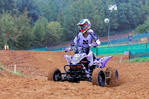 Motocross, Rudersberg, Baden-Württemberg, Germany, Europe, Quad bikers in purple colours on a race