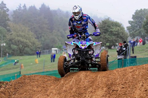 Motocross, Rudersberg, Baden-Württemberg, Germany, Europe, quad bikers in a mud race on a hilly