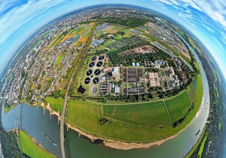Aerial view, sewage treatment plant Düsseldorf-Süd Volmerswerth, earth globe, fisheye image, 360