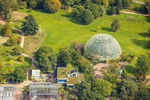 Aerial view, Botanical Garden and Dome Greenhouse, Bilk, Düsseldorf, Ruhr area, North