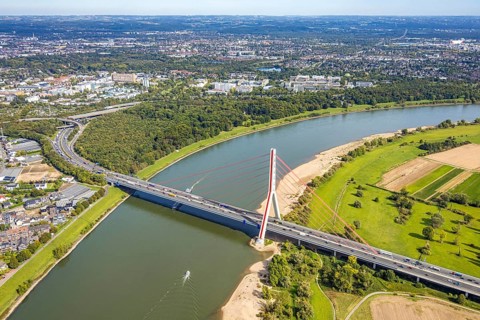 Aerial view, Fleher Bridge with bridge pylon over the river Rhine, inland navigation, motorway A46,