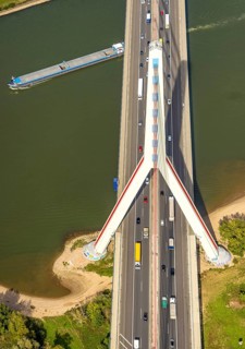 Aerial view, Fleher Bridge with bridge pylon over the river Rhine, inland navigation, motorway A46,