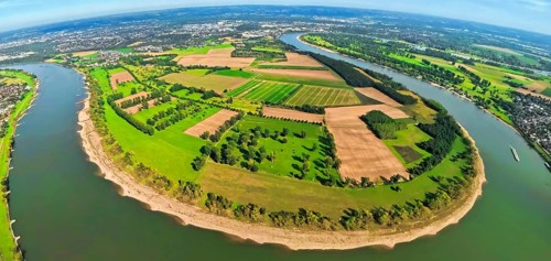 Aerial view, Himmelgeister Rheinbogen nature reserve, agricultural areas, river Rhine, earth globe,