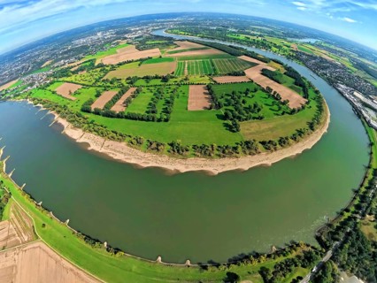 Aerial view, Himmelgeister Rheinbogen nature reserve, agricultural areas, river Rhine, earth globe,