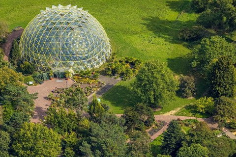 Aerial view, Botanical Garden and Dome Greenhouse, Bilk, Düsseldorf, Ruhr area, North