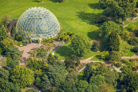 Aerial view, Botanical Garden and Dome Greenhouse, Bilk, Düsseldorf, Ruhr area, North