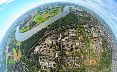 Aerial photo, Heinrich-Heine-University at the river Rhine, motorway A46 and Münchener Straße at