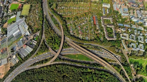 Aerial view, motorway junction Düsseldorf Bik, motorway A46 and Münchener Straße, globe, fisheye