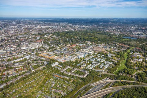 Aerial view, University Hospital Düsseldorf, Bilk, Düsseldorf, Ruhr area, North Rhine-Westphalia,