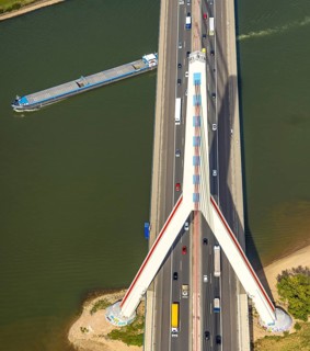 Aerial view, Fleher Bridge with bridge pylon over the river Rhine, inland navigation, motorway A46,