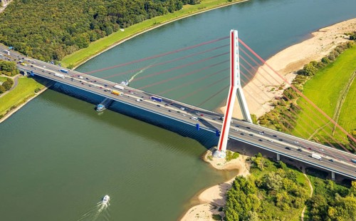 Aerial view, Fleher Bridge with bridge pylon over the river Rhine, inland navigation, motorway A46,