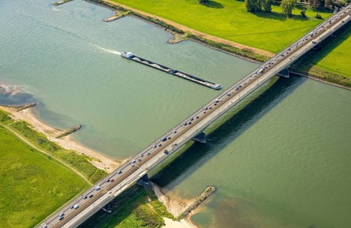 Aerial view, construction site and one-way navigable Josef-Kardinal-Frings-Bridge over the river