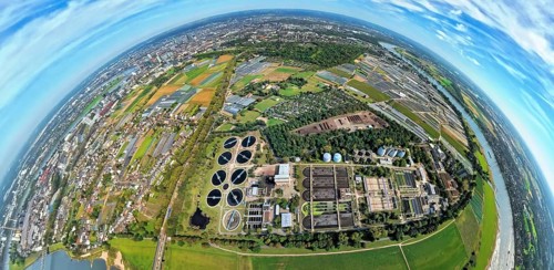 Aerial view, sewage treatment plant Düsseldorf-Süd Volmerswerth, earth globe, fisheye image, 360