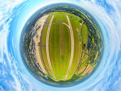 Aerial photo, DUS Airport Düsseldorf Airport with runway and landing strip, globe, fisheye image,