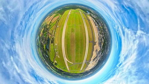 Aerial photo, DUS Airport Düsseldorf Airport with runway and landing strip, globe, fisheye image,
