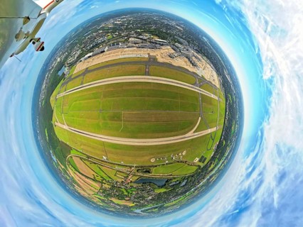 Aerial photo, DUS Airport Düsseldorf with runway and landing strip, globe, fisheye image, 360