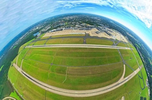 Aerial photo, DUS Airport Düsseldorf with runway and landing strip, globe, fisheye image, 360