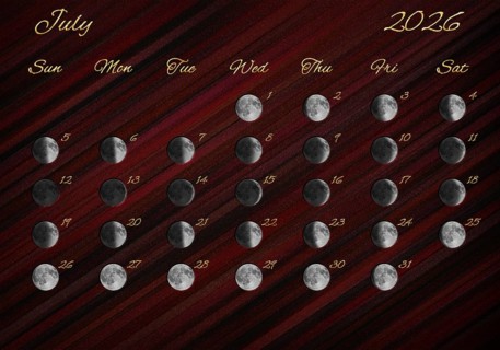 Moon Phases Calendar, July 2026 Red