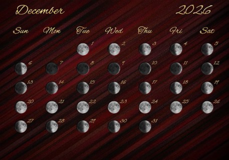Moon Phases Calendar, December 2026 Red