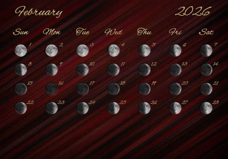 Moon Phases Calendar, February 2026 Red