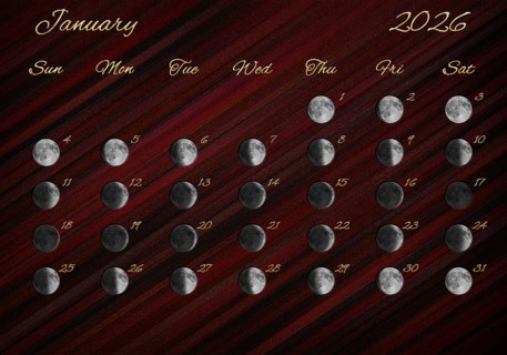 Moon Phases Calendar, January 2026 Red