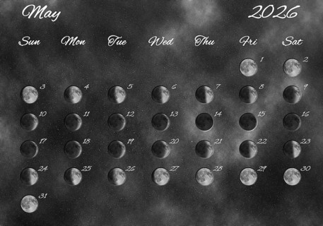 Moon Phases Calendar, May 2026 Space Background