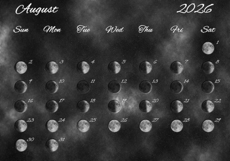 Moon Phases Calendar, August 2026 Space Background