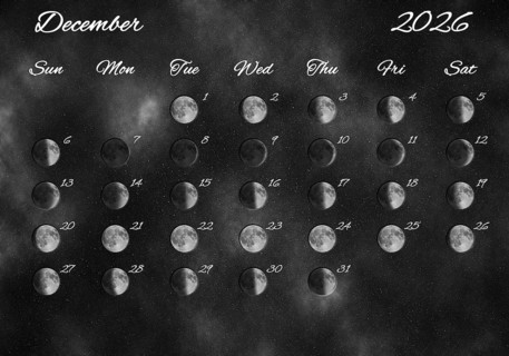 Moon Phases Calendar, December 2026 Space Background