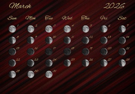 Moon Phases Calendar, March 2026 Red