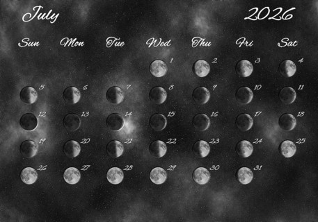 Moon Phases Calendar, July 2026 Space Background