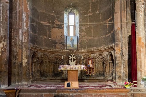 Interior view of a church with altar, windows and religious decoration, Marmashen Monastery,