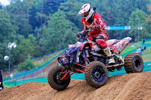 Motocross, Rudersberg, Baden-Württemberg, Germany, Europe, Rider in red protective clothing jumps