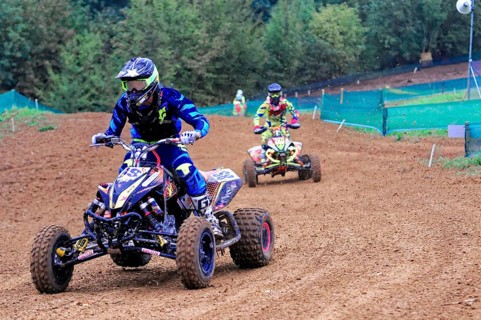 Motocross, Rudersberg, Baden-Württemberg, Germany, Europe, Two quad riders in full action during an