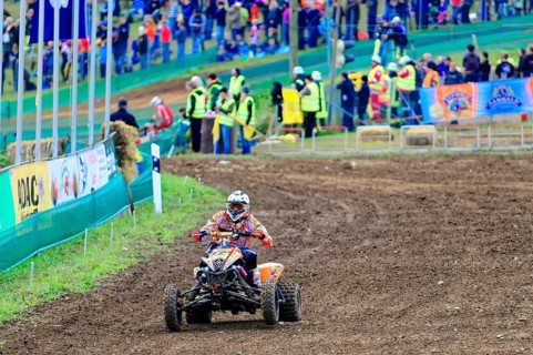 Motocross, Rudersberg, Baden-Württemberg, Germany, Europe, A quad bike pilot navigates through a