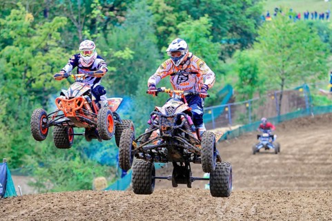 Motocross, Rudersberg, Baden-Württemberg, Germany, Europe, Two quad bikers jump side by side over a