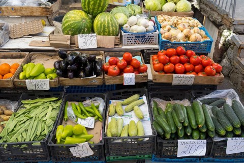 Various fresh vegetables in boxes on a market stall, Gyumri, Gyumri, Shirak province, Armenia