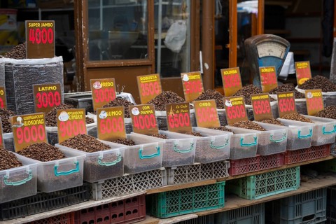Different types of coffee in transparent containers with price tags at a market, Gyumri, Gyumri,