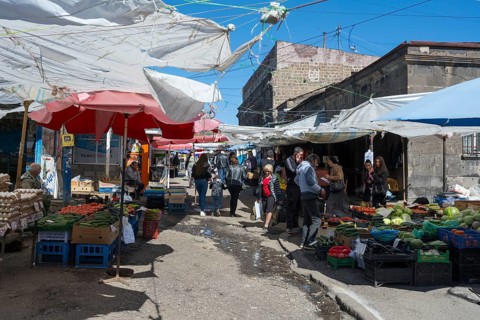 Lively outdoor market with many stalls and people under awnings, Gyumri, Giumri, Gyumri, Shirak