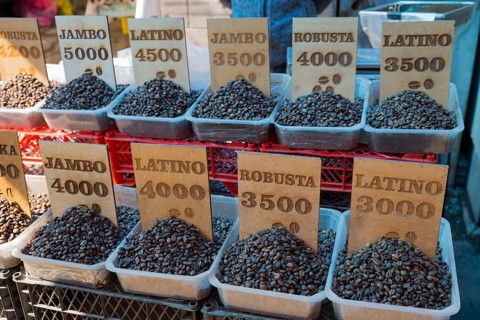 Stalls with coffee beans and signs at a market, Gyumri, Giumri, Gyumri, Shirak province, Armenia