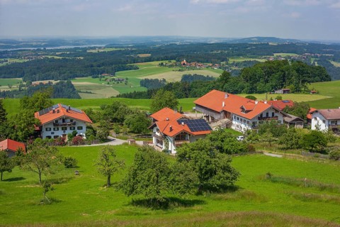 Residential building and view of the Chiemgau, Samerberg, Chiemgau, Upper Bavaria, Bavaria, Germany