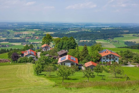 Residential building and view of the Chiemgau, Samerberg, Chiemgau, Upper Bavaria, Bavaria, Germany