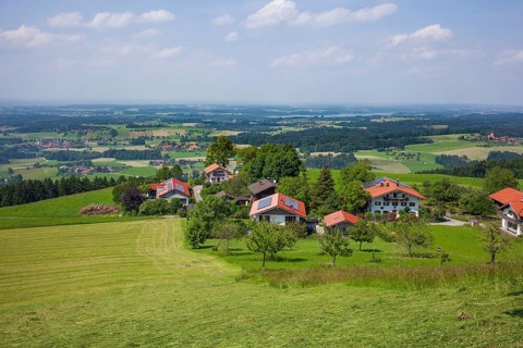 Residential building and view of the Chiemgau, Samerberg, Chiemgau, Upper Bavaria, Bavaria, Germany