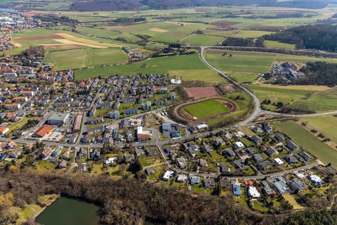 Aerial view, sports stadium on Odershäuser Straße, football pitch, sports field in Bad Wildungen in