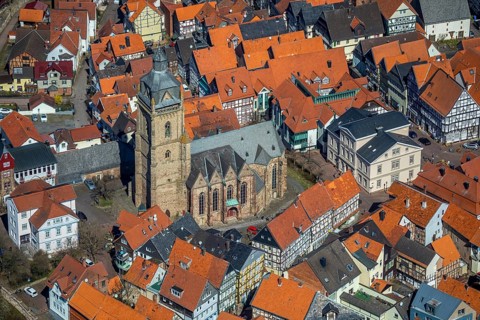 Aerial view, town centre of Wildungen with Protestant church on the town hill, in Bad Wildungen in