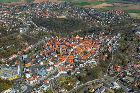 Aerial view, town centre of Wildungen with Protestant church on the town hill, in Bad Wildungen in