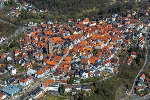 Aerial view, town centre of Wildungen with Protestant church on the town hill, in Bad Wildungen in