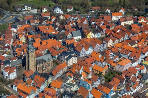 Aerial view, town centre of Wildungen with Protestant church on the town hill, in Bad Wildungen in